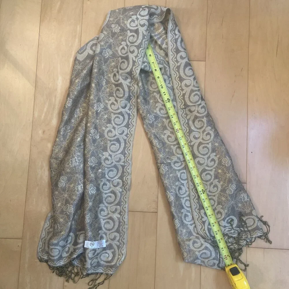 GOLD GLAM Metallic Thread Large Shawl Scarf With Tassels And Butterfly Print